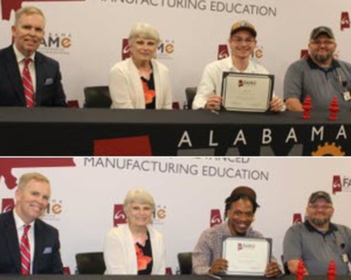 Pictured L-R, top: Alan Smith (Dean of Workforce Development), Dr. Kathy L. Murphy (President of Gadsden State Community College), Michael Carney (Student) and John Brueshaber (Anniston Group, Facilities Maintenance Manager)  ​​​​​​​​​​​​​​Pictured L-R, bottom: Alan Smith (Dean of Workforce Development), Dr. Kathy L. Murphy (President of Gadsden State Community College), Devon Miller (Student) and John Brueshaber (Anniston Group, Facilities Maintenance Manager)